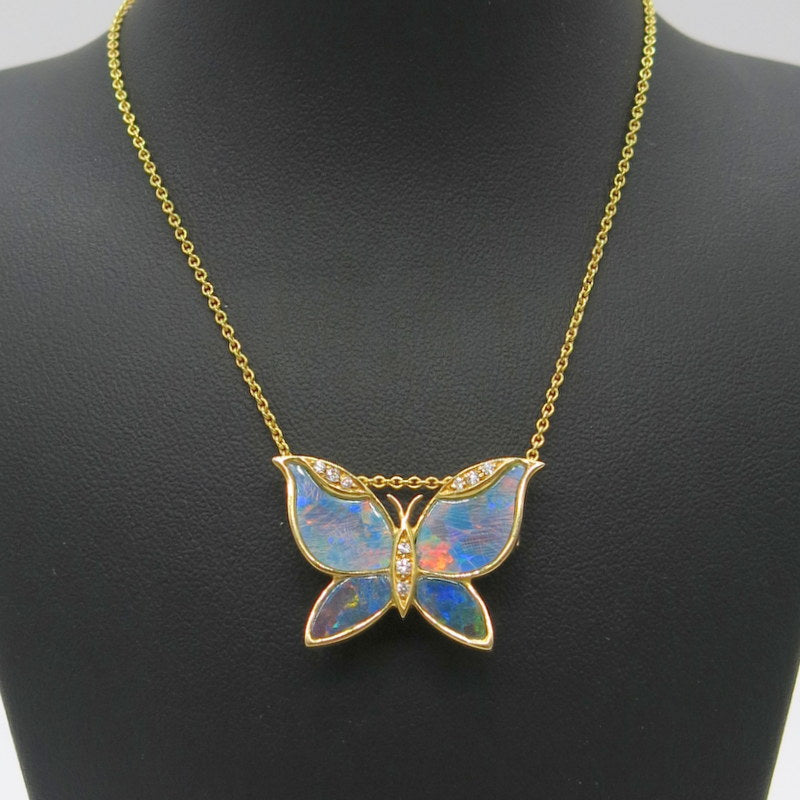 750/-er Gold Schmetterling Butterfly Collier Kette mit Opal Diamanten  - L: 40cm